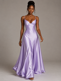 Lavender V Neck Satin Prom Dress with Spaghetti Straps