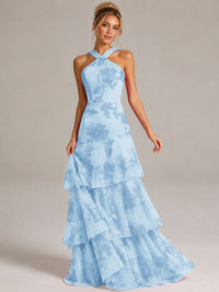 Tiered Ruffles Halter Floral Applique Prom Dress