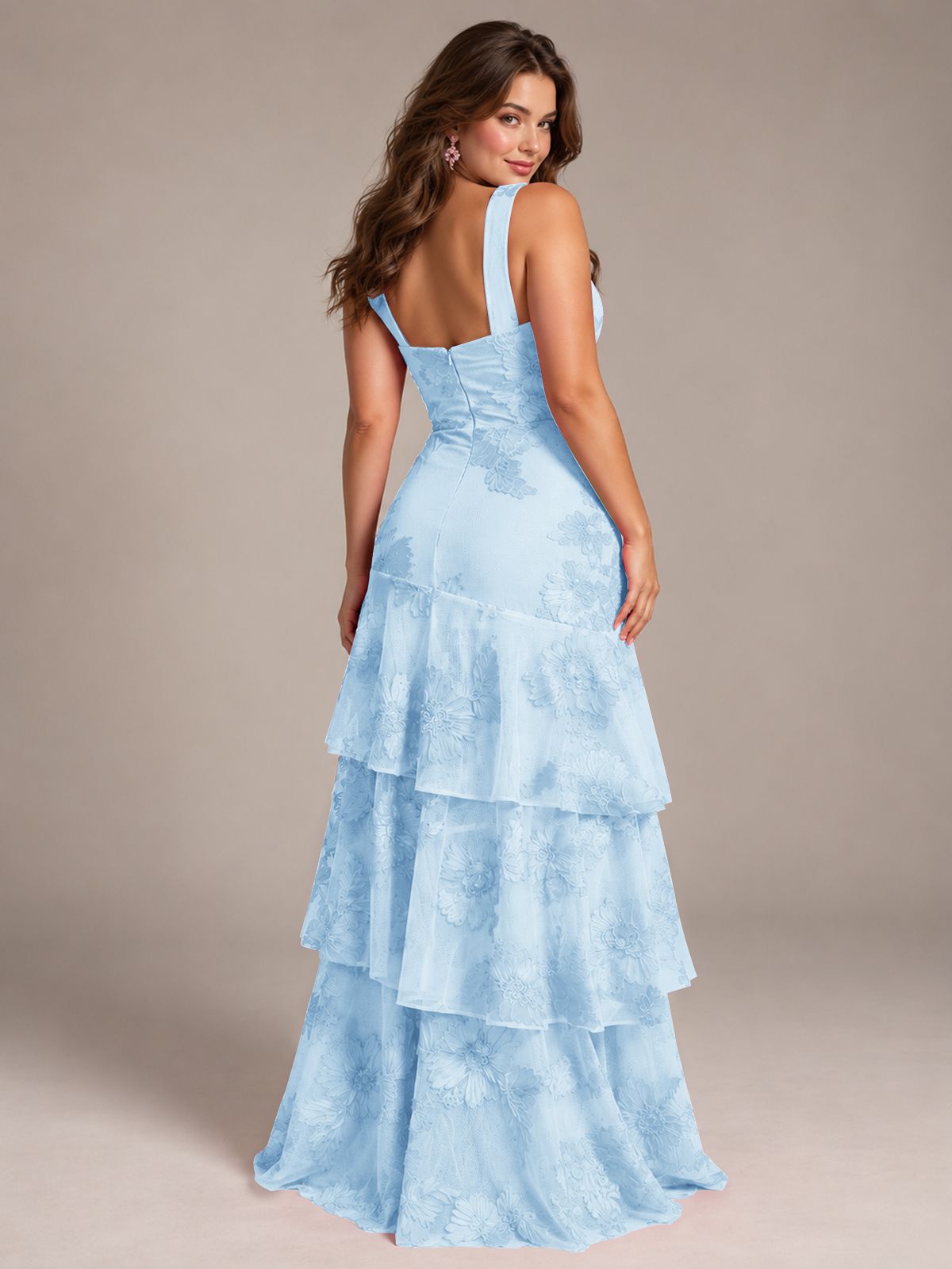 Tiered Ruffles Halter Floral Applique Prom Dress