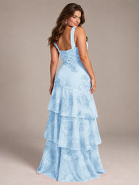 Tiered Ruffles Halter Floral Applique Prom Dress