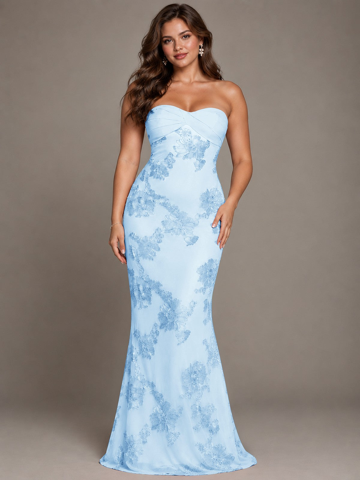 Strapless Floral Applique Mermaid Prom Dress