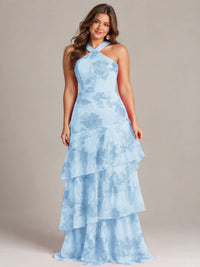 Tiered Ruffles Halter Floral Applique Prom Dress