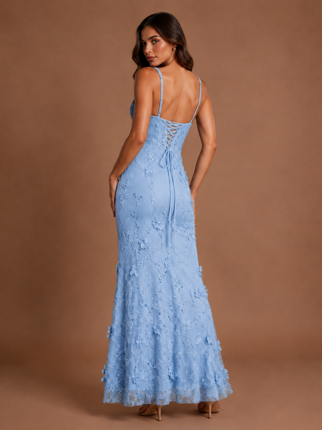 Floral Applique Mermaid Formal Dress with Lace-Up Back