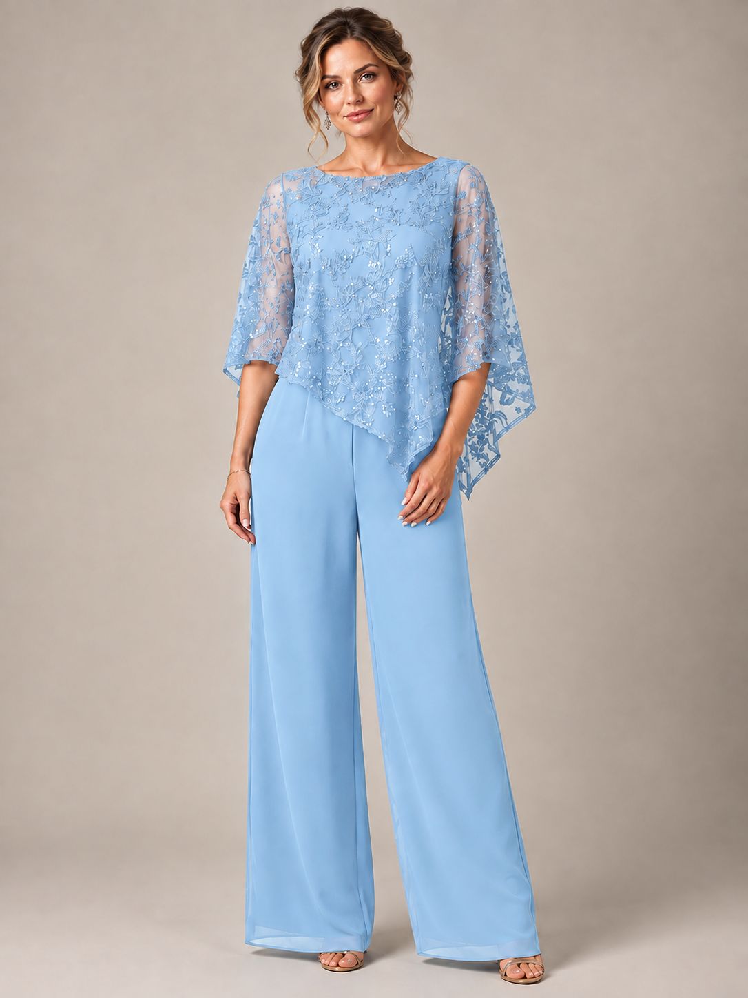 3/4 Sleeve Sequin Chiffon Jumpsuit with Cape