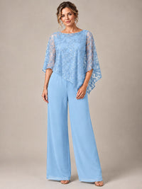 3/4 Sleeve Sequin Chiffon Jumpsuit with Cape