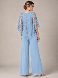3/4 Sleeve Sequin Chiffon Jumpsuit with Cape