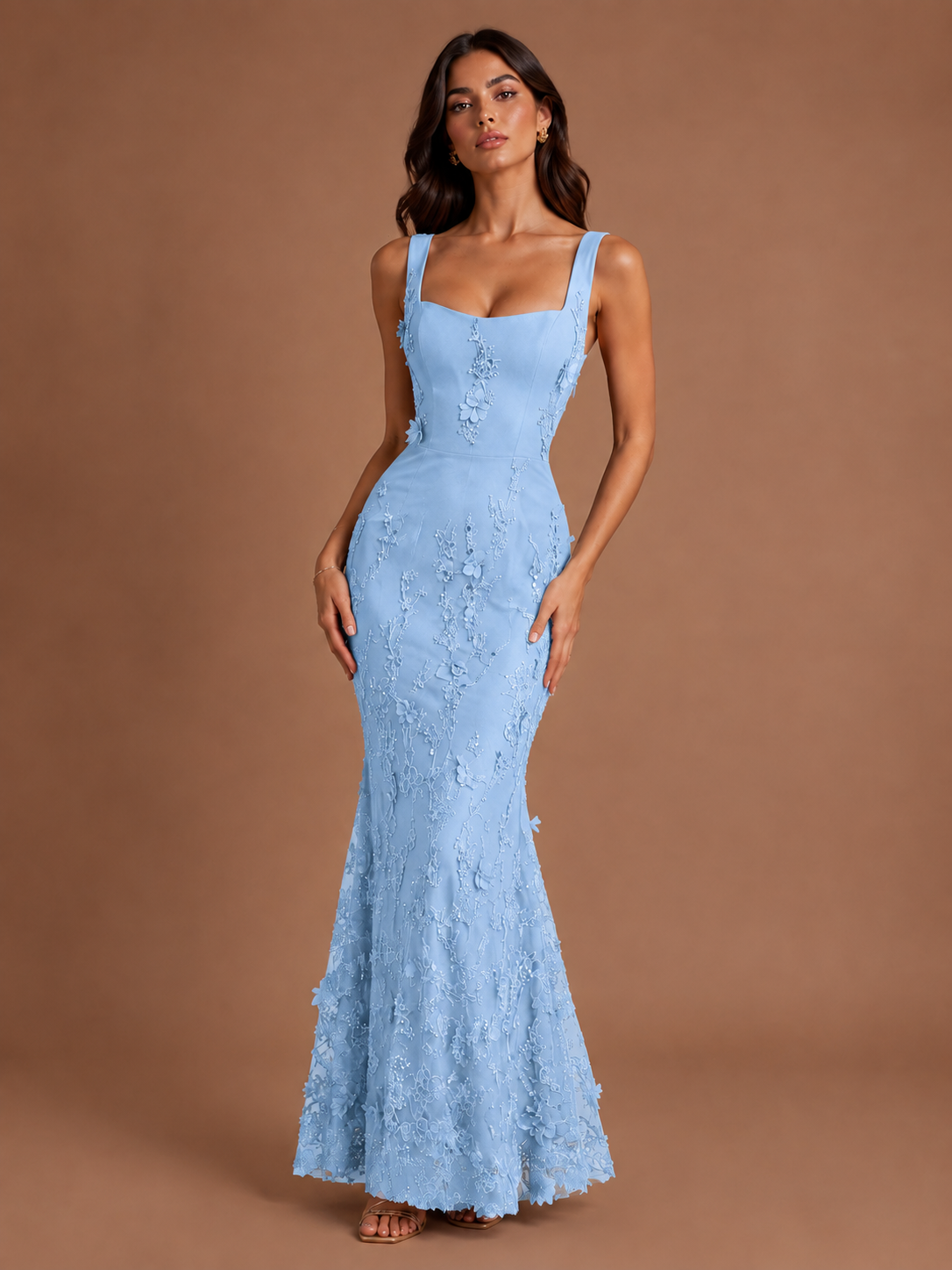 Floral Applique Mermaid Formal Dress with Lace-Up Back