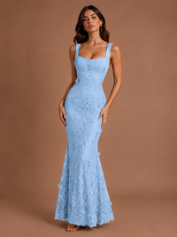Floral Applique Mermaid Formal Dress with Lace-Up Back