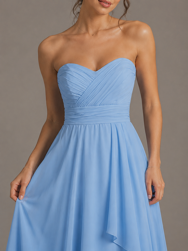 Light Blue Strapless Ruffle A-Line Maxi Dress