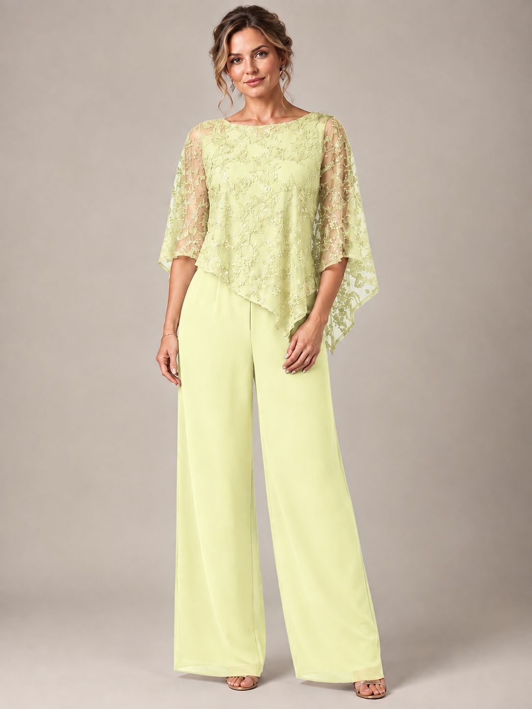 3/4 Sleeve Sequin Chiffon Jumpsuit with Cape