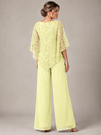 3/4 Sleeve Sequin Chiffon Jumpsuit with Cape