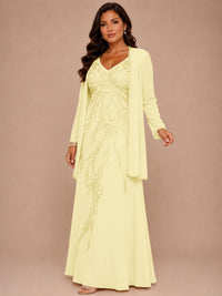 Champagne Beaded Chiffon Mother of the Bride Dress with Jacket V-Neck Gown