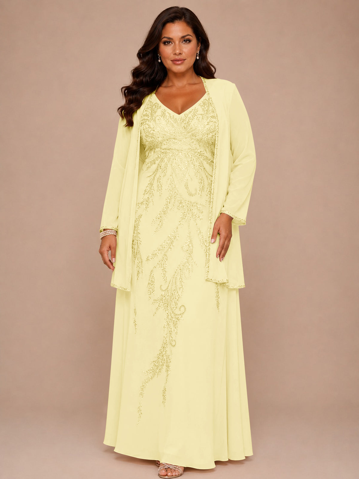 Champagne Beaded Chiffon Mother of the Bride Dress with Jacket V-Neck Gown
