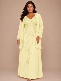 Champagne Beaded Chiffon Mother of the Bride Dress with Jacket V-Neck Gown