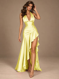 Burgundy Halter Deep V-Neck Ruched High Slit Ruffle Prom Dress