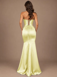 Dusty Blue Strapless Lace Corset Prom Dress with High Slit