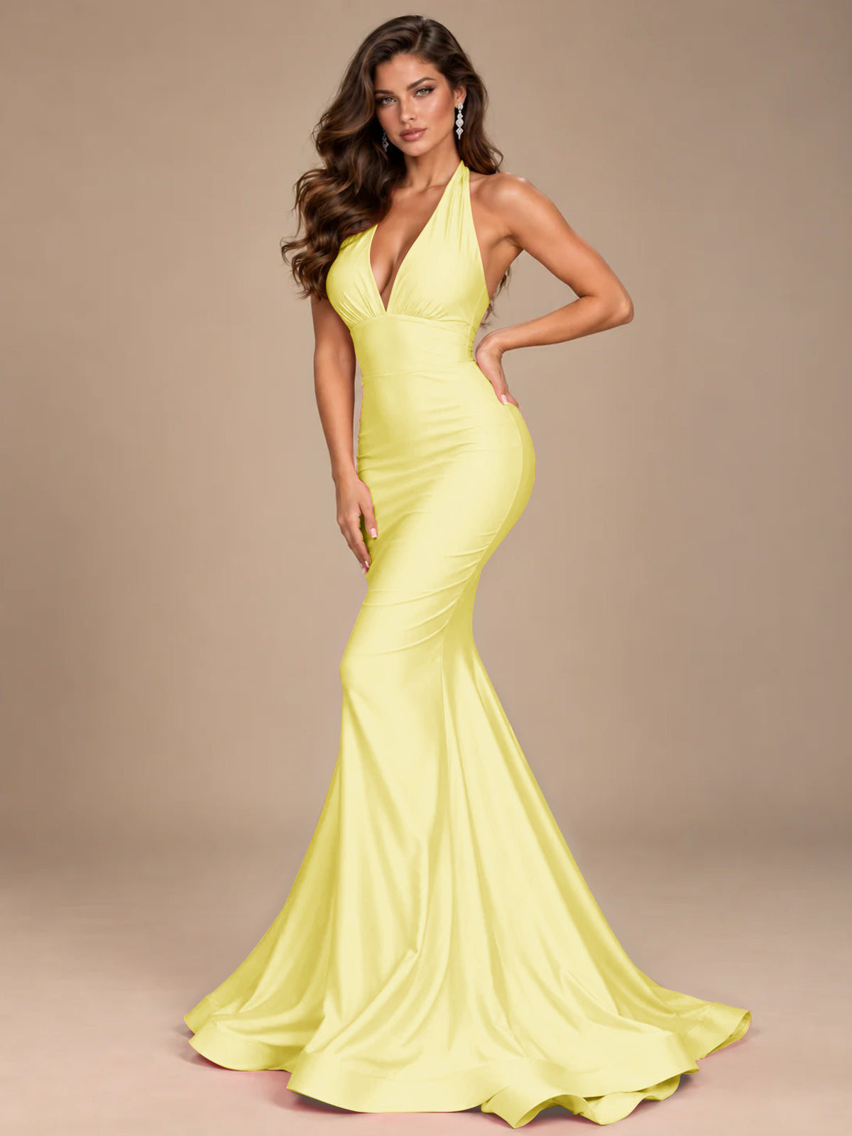 Pink Halter Deep V-Neck Ruched Mermaid Prom Dress