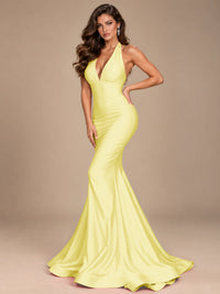 Pink Halter Deep V-Neck Ruched Mermaid Prom Dress