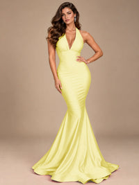 Pink Halter Deep V-Neck Ruched Mermaid Prom Dress