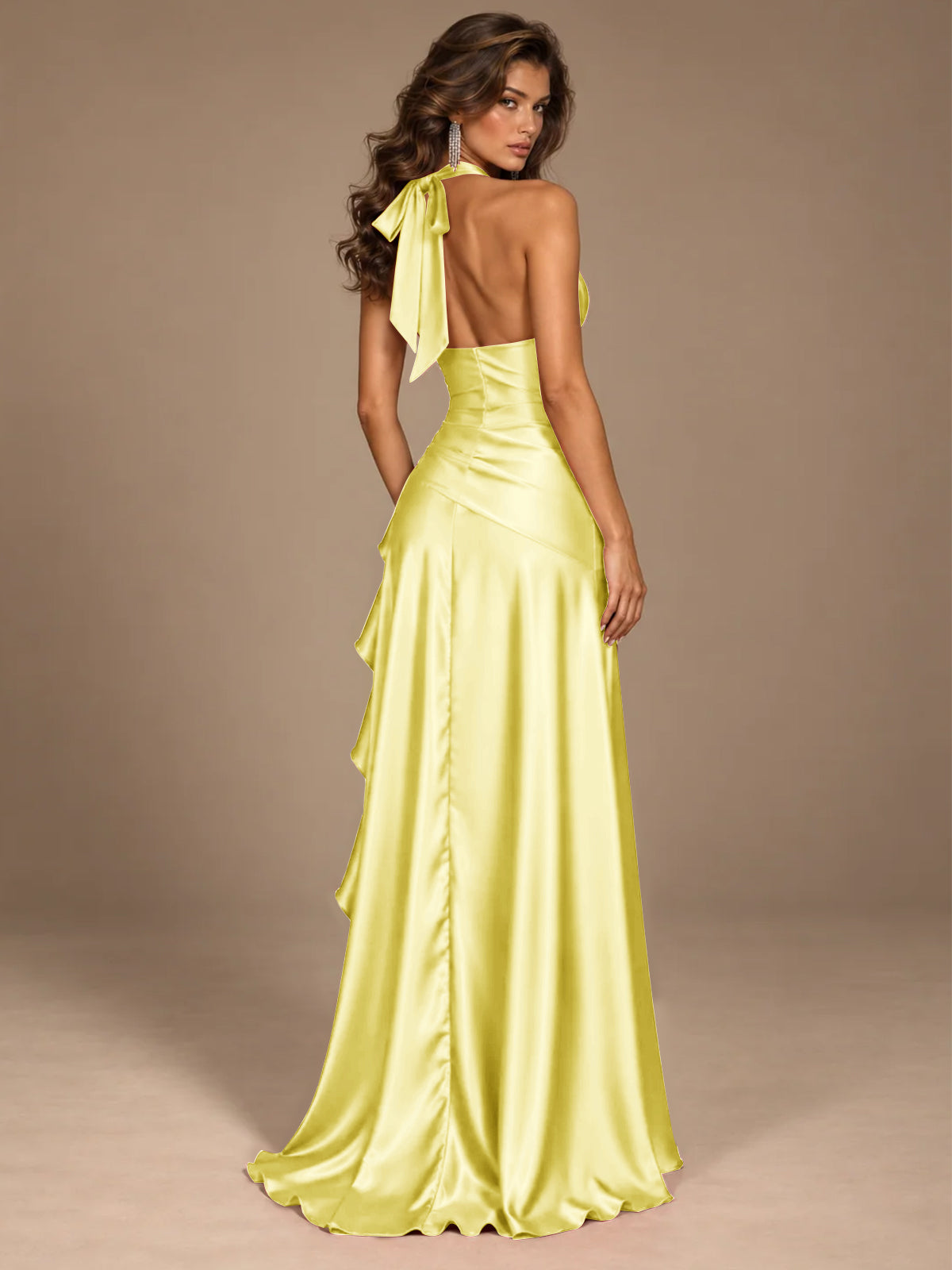 Burgundy Halter Deep V-Neck Ruched High Slit Ruffle Prom Dress