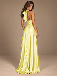 Burgundy Halter Deep V-Neck Ruched High Slit Ruffle Prom Dress