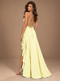 Burgundy Spaghetti Strap Ruched Prom Dress with Ruffled High Slit