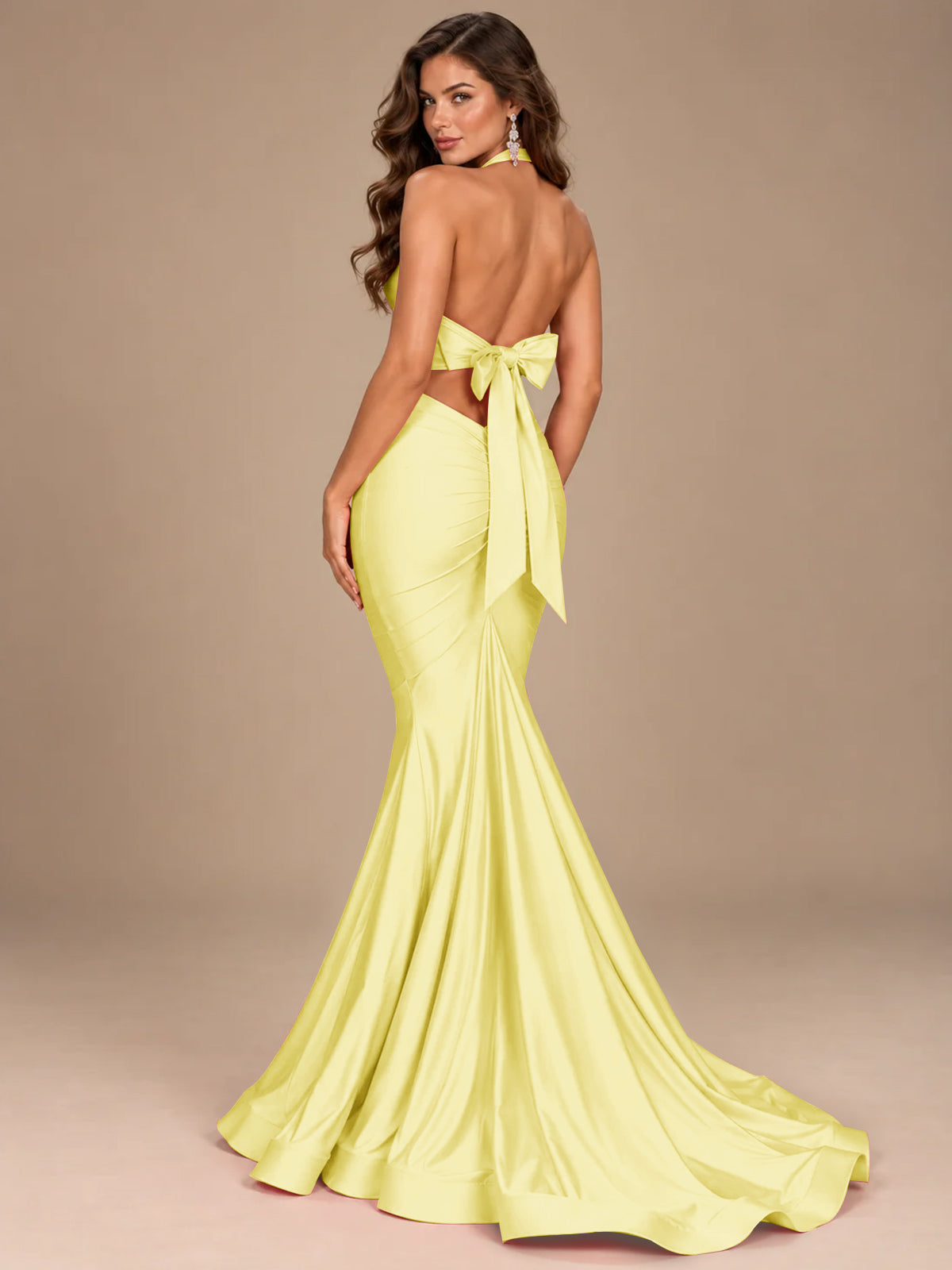 Pink Halter Deep V-Neck Ruched Mermaid Prom Dress
