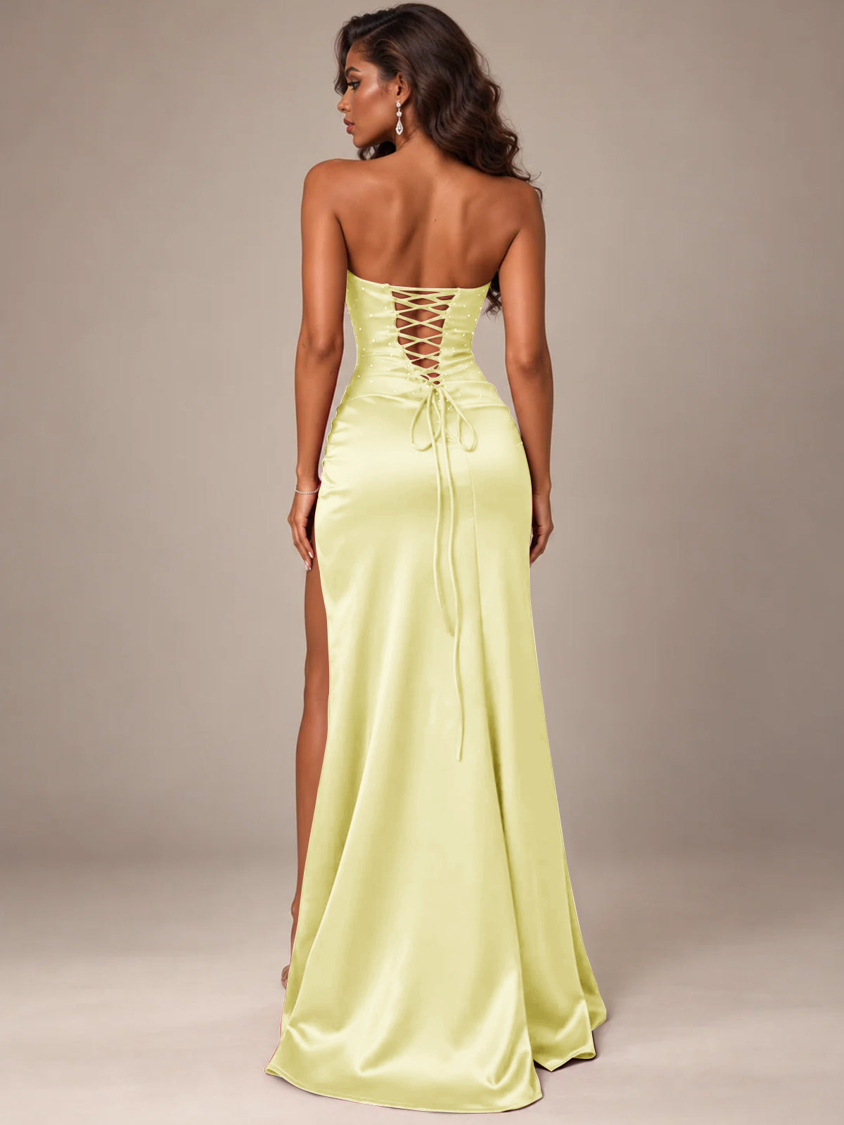 Burgundy Strapless Sparkly Corset Prom Dress with High Slit