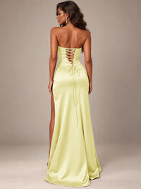 Burgundy Strapless Sparkly Corset Prom Dress with High Slit
