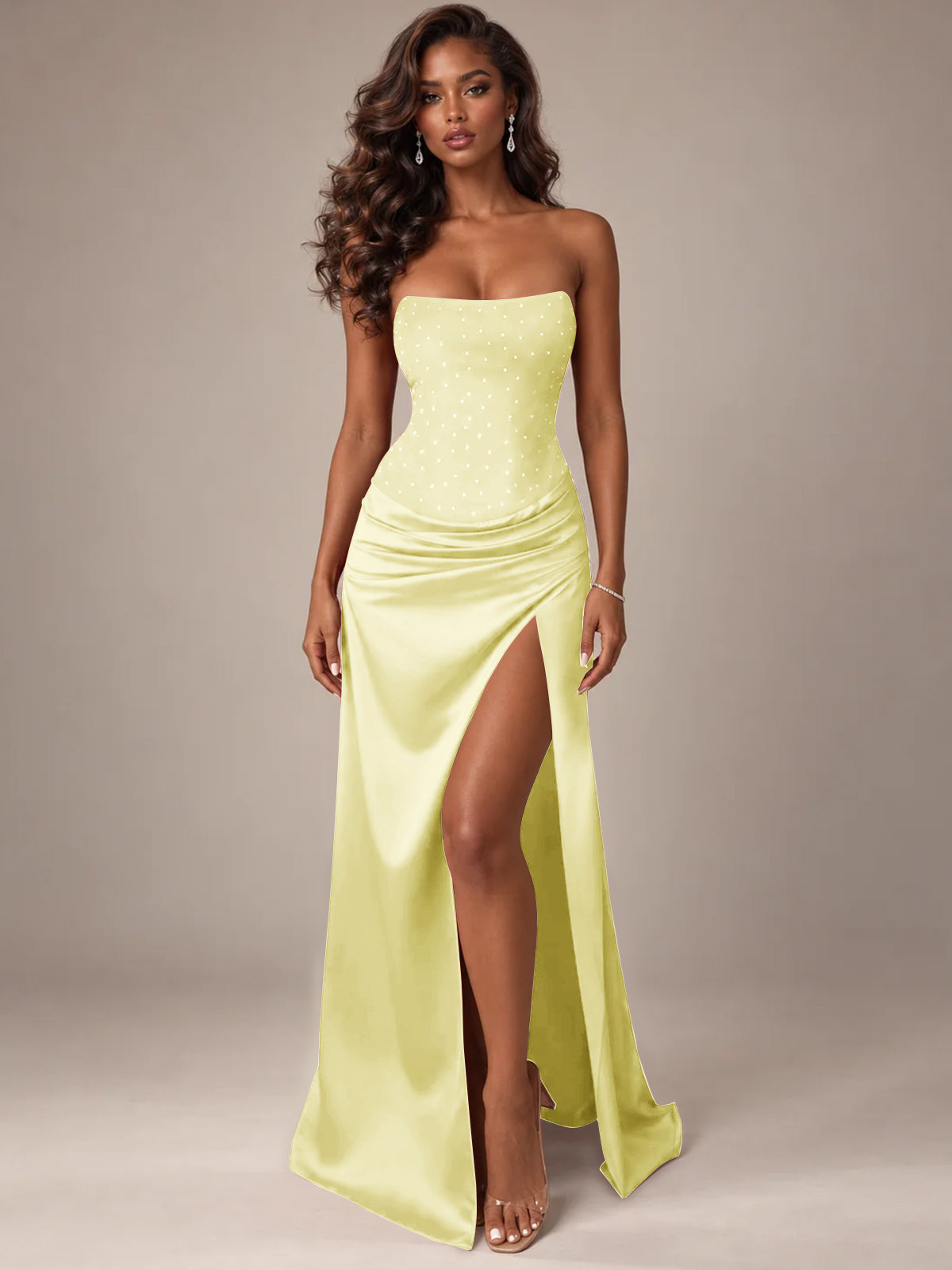 Burgundy Strapless Sparkly Corset Prom Dress with High Slit