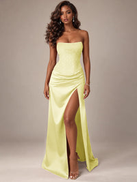 Burgundy Strapless Sparkly Corset Prom Dress with High Slit