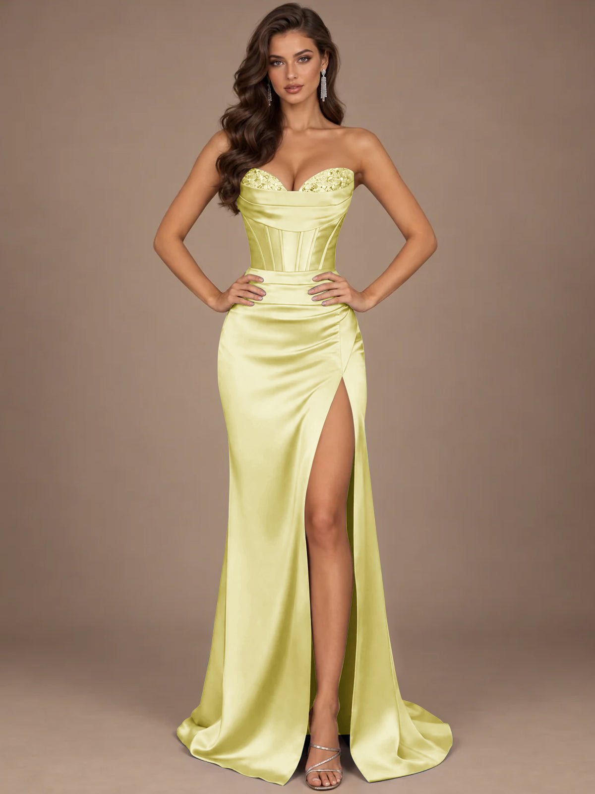 Dusty Blue Strapless Lace Corset Prom Dress with High Slit