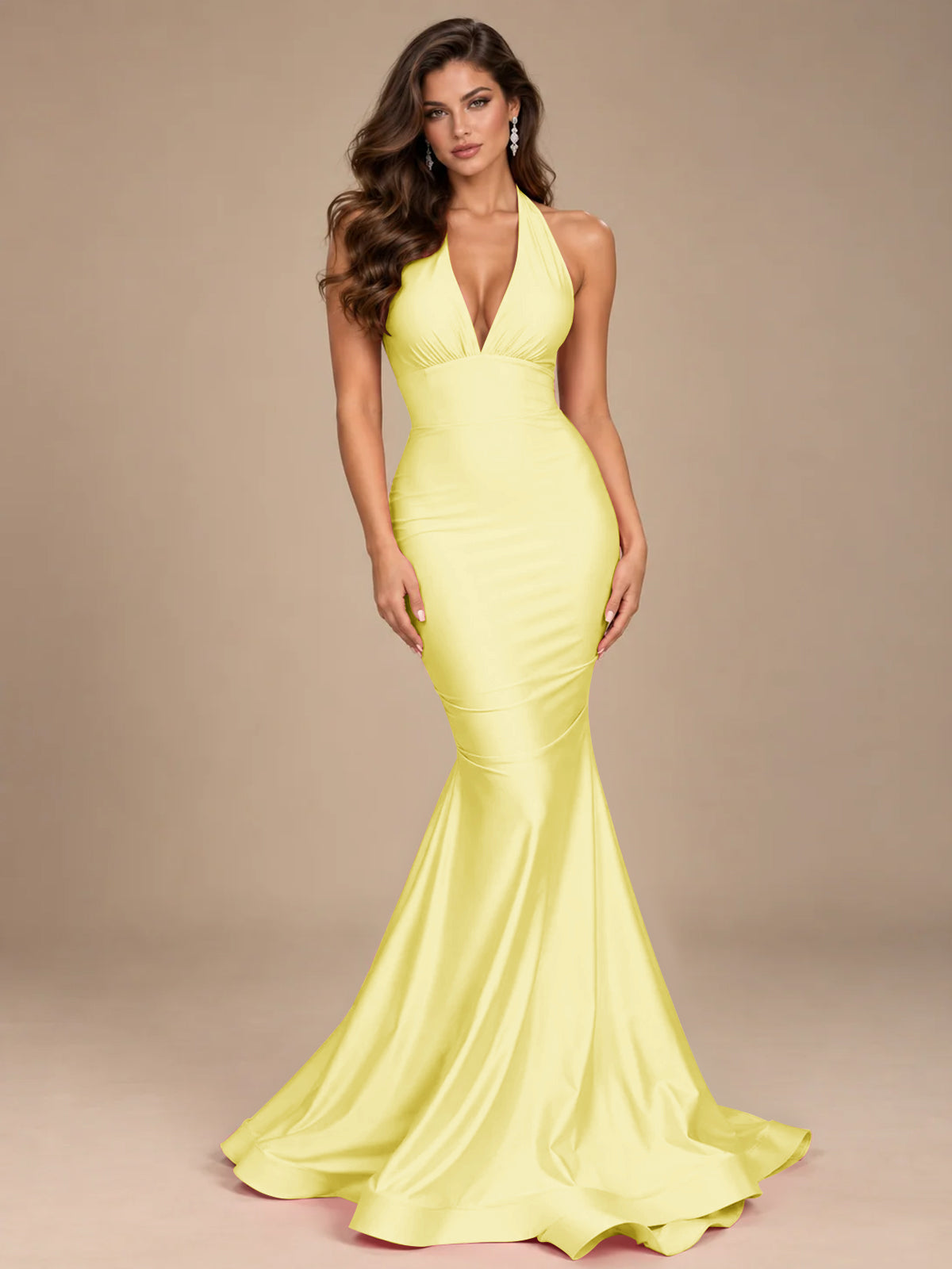 Pink Halter Deep V-Neck Ruched Mermaid Prom Dress