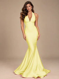 Pink Halter Deep V-Neck Ruched Mermaid Prom Dress