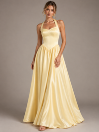 Light Yellow Halter Neck Satin A-Line Maxi Dress with Pockets