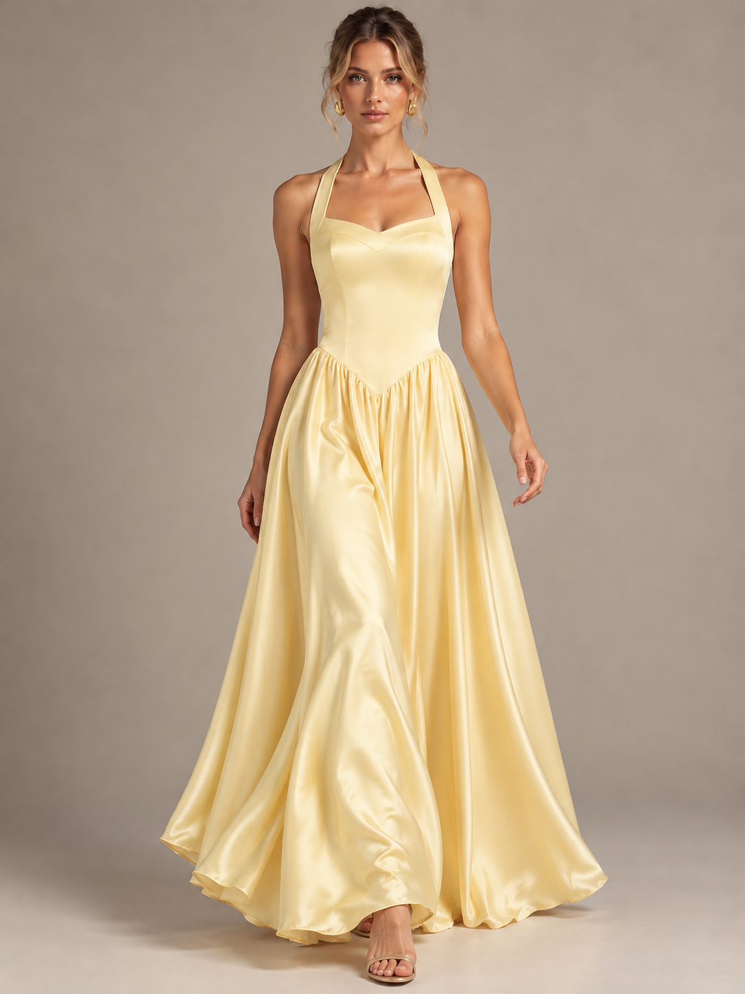 Light Yellow Halter Neck Satin A-Line Maxi Dress with Pockets