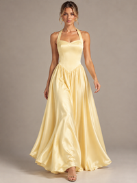 Light Yellow Halter Neck Satin A-Line Maxi Dress with Pockets