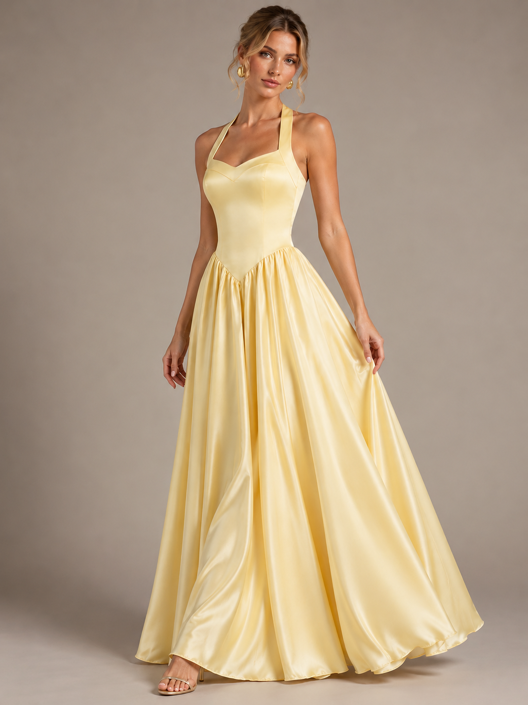 Light Yellow Halter Neck Satin A-Line Maxi Dress with Pockets