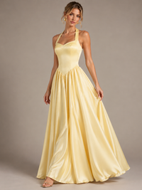 Light Yellow Halter Neck Satin A-Line Maxi Dress with Pockets