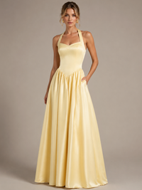 Light Yellow Halter Neck Satin A-Line Maxi Dress with Pockets
