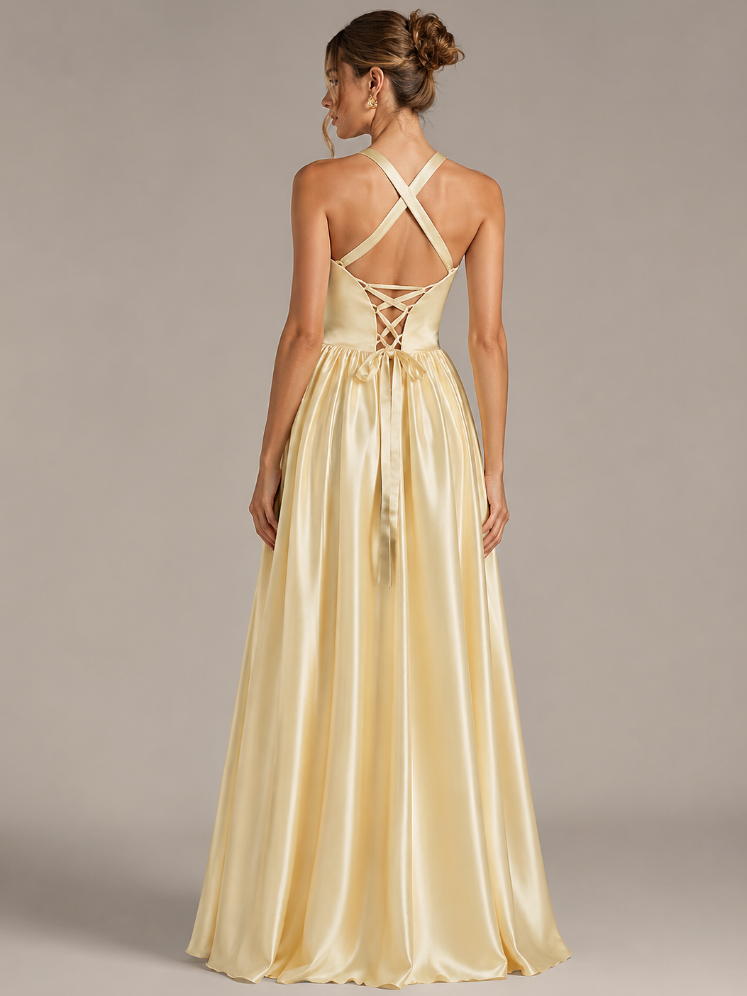 Light Yellow Halter Neck Satin A-Line Maxi Dress with Pockets