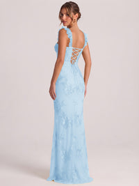 Sweetheart Floral Applique Corset Mermaid Prom Dress with High Slit