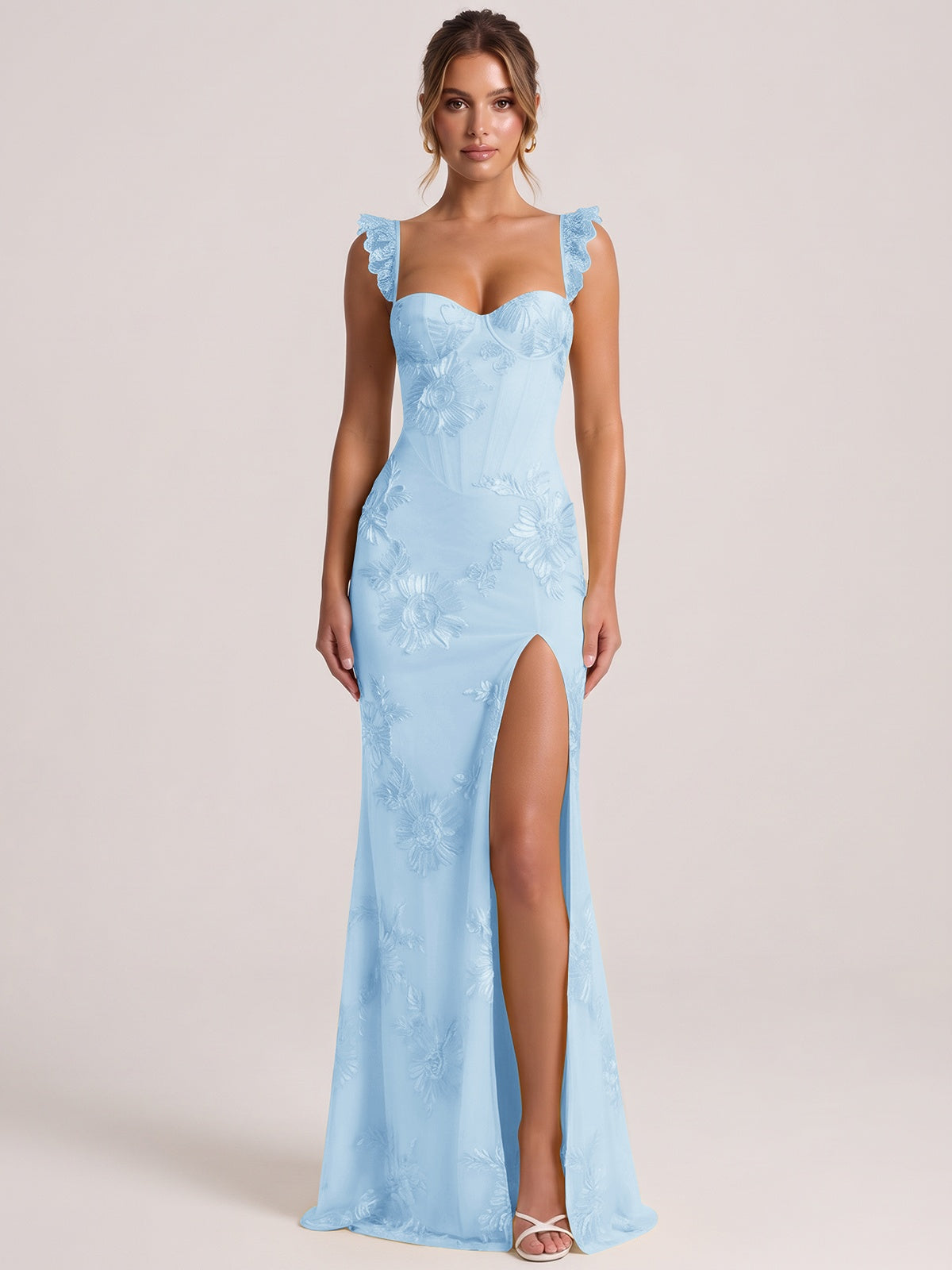Light Blue Sweetheart Floral Applique Corset Mermaid Prom Dress with High Slit Long Formal Evening Gown