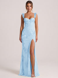 Light Blue Sweetheart Floral Applique Corset Mermaid Prom Dress with High Slit Long Formal Evening Gown