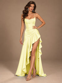 Burgundy Spaghetti Strap Ruched Prom Dress with Ruffled High Slit