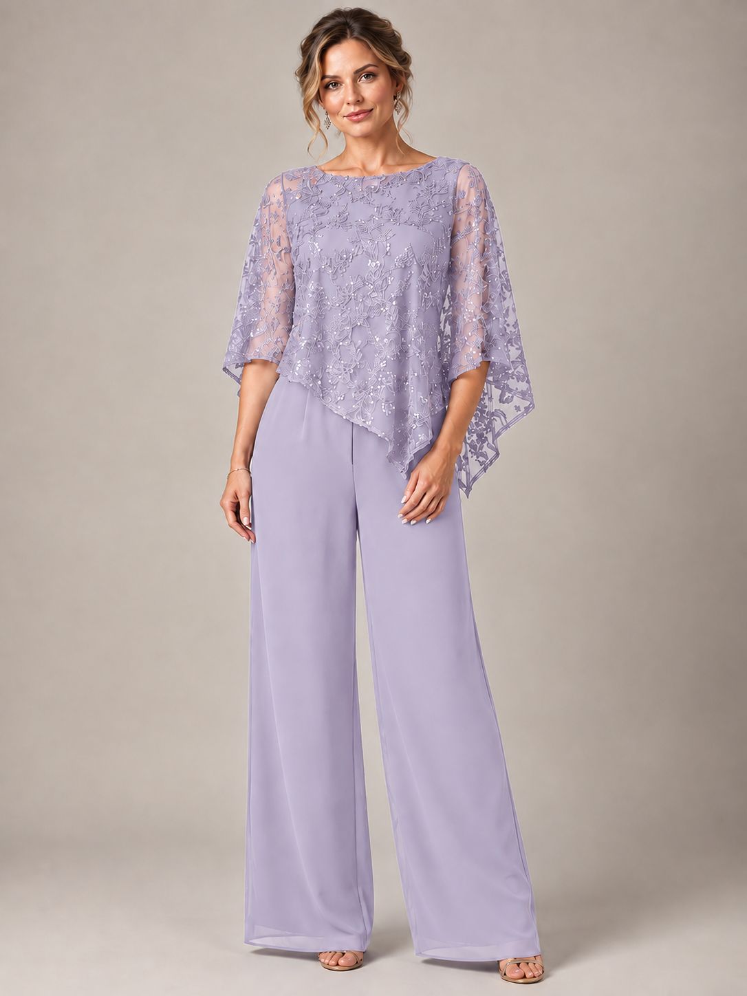 3/4 Sleeve Sequin Chiffon Jumpsuit with Cape