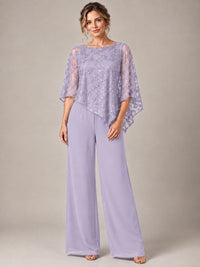 3/4 Sleeve Sequin Chiffon Jumpsuit with Cape