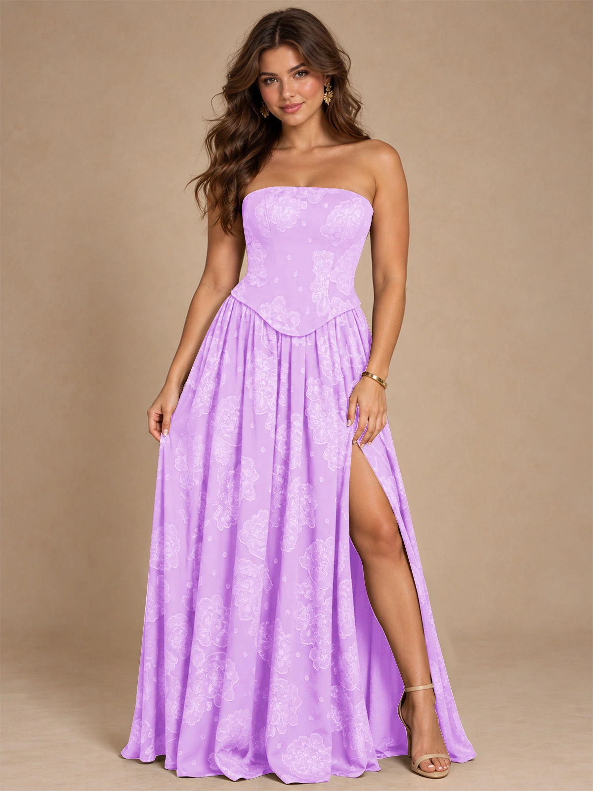 Chocolate Brown Floral Strapless Corset A-Line Evening Gown with Slit