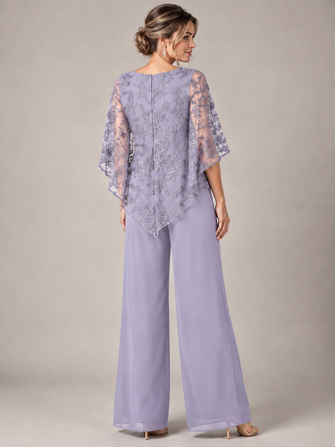 3/4 Sleeve Sequin Chiffon Jumpsuit with Cape