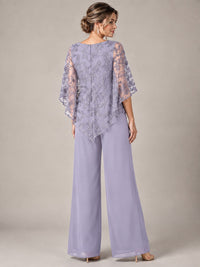 3/4 Sleeve Sequin Chiffon Jumpsuit with Cape